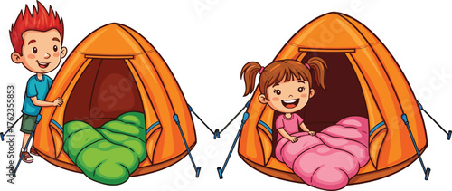 Children in tents, camping fun, outdoor activity, sleeping bags, nature adventure, kids exploration, cheerful scene, forest camping, playful moment, tent setup