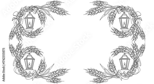 Wheat wreath frame with lanterns for harvest and autumn festival decoration