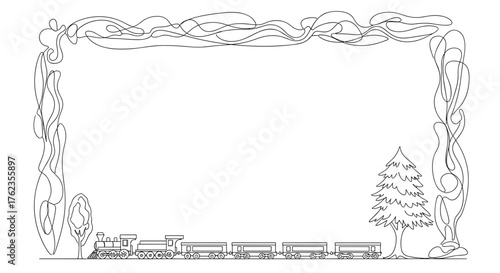 Toy Train and Miniature Tree Outline in Artistic Frame, Creative Border Design for Child's Room Decor