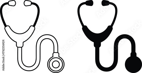 Two medical stethoscopes in contrasting colors a distinct outline silhouette.