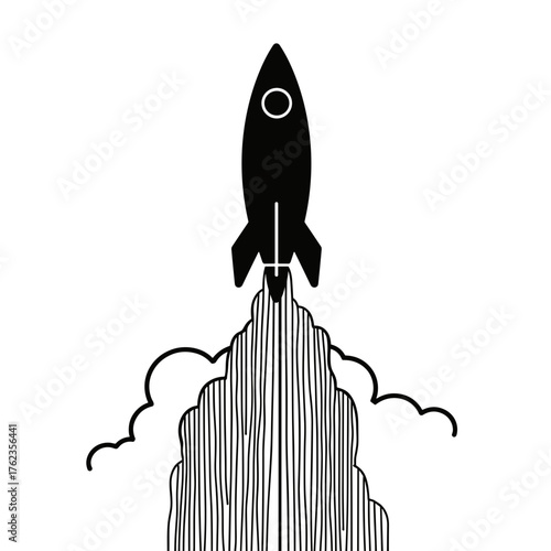 Rocket launching through clouds symbolizing innovation and growth, business success and vision
