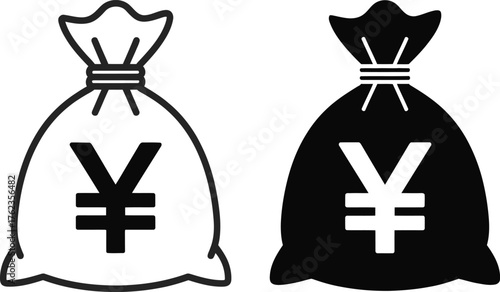Simple graphic showing two bags with yen symbol black and white silhouette.