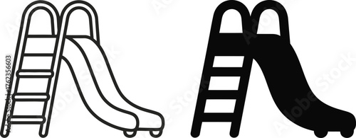 Black and white playground slide set outlined and filled a bold silhouette.