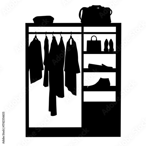 Silhouette of organized closet with sliding shelves and hanging rail, modular wardrobe storage solution