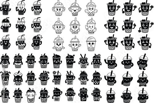 Cartoon Boba Drink Icon Set Smiling Bubble Tea Cup Vector Collection
 
