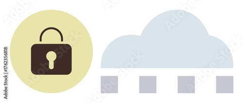 Lock icon in yellow circle beside a light blue cloud with connection blocks. Ideal for cybersecurity, data protection, privacy, cloud computing, encryption, login authentication, secure access