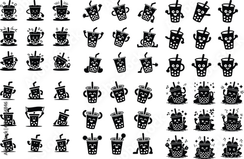 Cartoon Boba Drink Icon Set Smiling Bubble Tea Cup Vector Collection
 