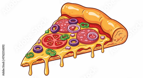 Pop art comic style pizza slice vector illustration showing an explosion of toppings in bright colors