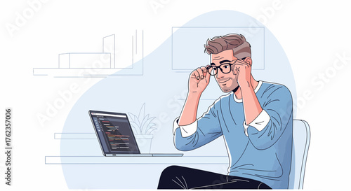 Cartoon Illustration Of A Young Developer At His Computer Desk