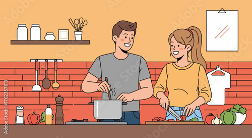 Couple Cooking Together Enjoying Meal Preparation In Their Kitchen