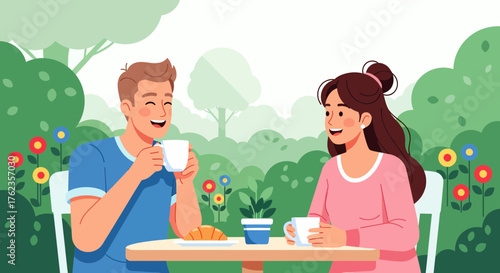Couple Enjoying Morning Coffee And Croissant In Outdoor Garden Setting