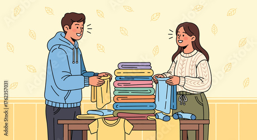 Couple Folding Laundry Together Enjoying Domestic Routine