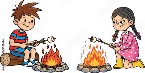 Children roasting marshmallows, campfire fun, outdoor activity, camping kids, forest background, bonding moment, summer adventure, happy faces, nature, firelight joy