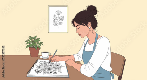 Girl Drawing Floral Designs In Sketchbook With Creativity And Passion