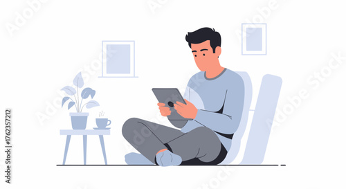 Relaxed Man Using Tablet At Home In Minimalist Flat Style Illustration