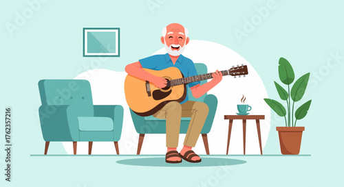 Senior Man Enjoying Music At Home Playing Guitar Relaxing Time