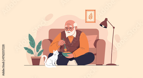 Senior Man Relaxing With Pet Cat And Food At Home Illustration