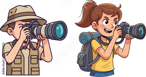Children taking photos, outdoor photography, adventure scene, telephoto lens, explorer outfit, nature documentation, teamwork, camera gear, travel moment, creative play