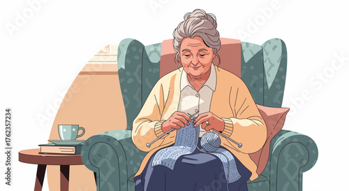 Senior Woman Enjoying Knitting Hobby Relaxing in Armchair At Home