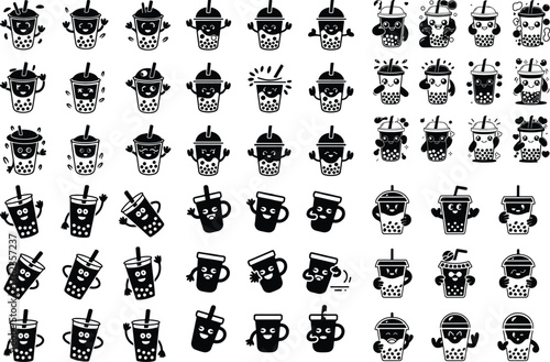 Cartoon Boba Drink Icon Set Smiling Bubble Tea Cup Vector Collection
 