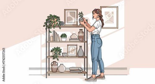 Woman Arranging Plants On Bookshelf In Minimalist Living Room