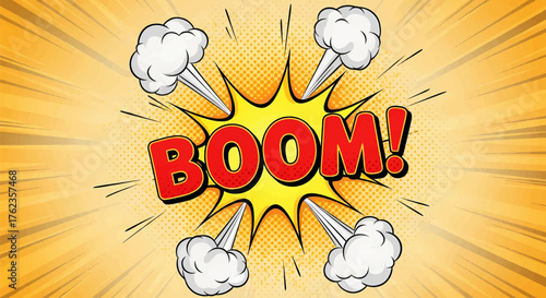 Dynamic BOOM! sound effect in a pop art comic style with an explosion and bright colors, vector art