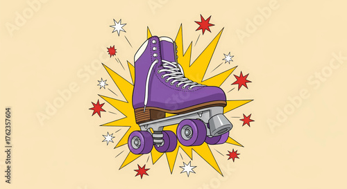 A dynamic purple roller skate in a vibrant pop art and comic style vector with a star explosion and bright colors