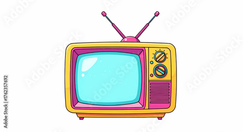A retro television receiver in a vibrant pop art comic style vector illustration with an explosion of bright colors