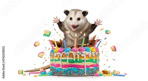 opossum bursting out of a birthday cake on a solid white background, dessert, celebration