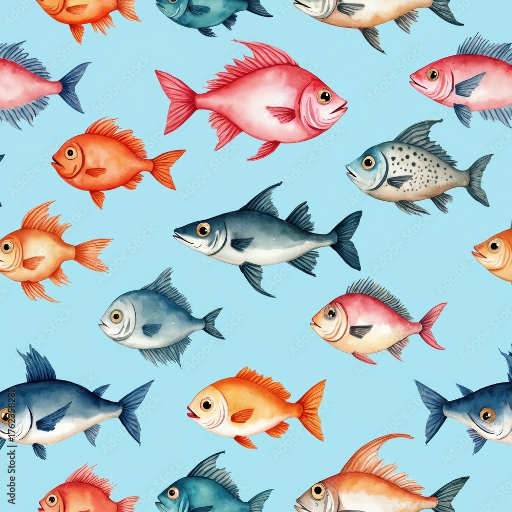 Naklejka premium Seamless pattern of watercolor fish on light blue backdrop. Various colors add an aquatic vibe. Ideal for backgrounds textiles and paper. Sea fish marine food swim in the ocean water illustration.