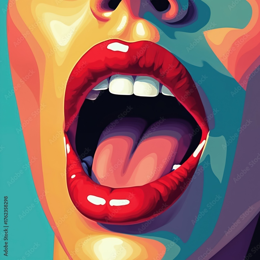 Obraz premium Colorful illustration of woman open mouth with red lips and tongue. Vibrant pop art style with bold colors. Isolated mouth with visible teeth and tongue sticking out.
