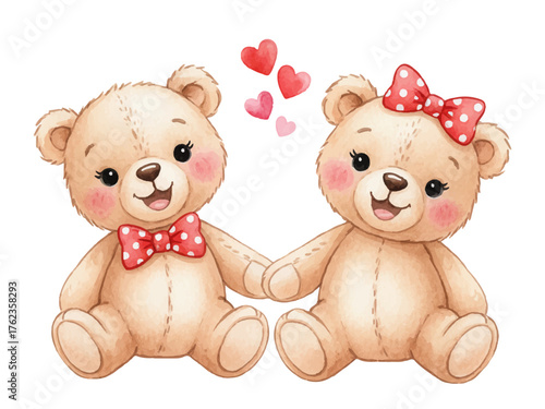Сheerful teddy bears holding hands vector illustration, symbolizing love and friendship. Сute boy bear wears red polka-dot bowtie, girl bear has matching hair bow. Perfect for Valentine's Day cards
