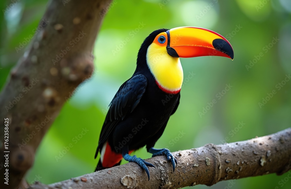 Fototapeta premium Large toco toucan with bright yellow chest and big orange beak sits on tree branch in green jungle. Wild bird with blue feet and black feathers has red tail. Natural habitat.