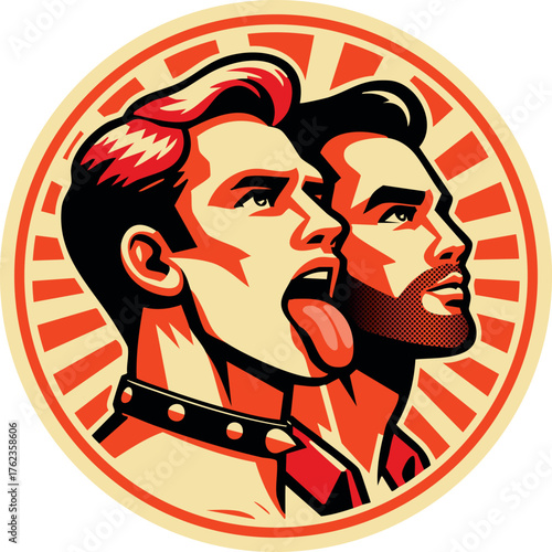 Gay couple: young guy in spiked collar with tongue out and partner with stubble. Circle gay sm symbol (vector)