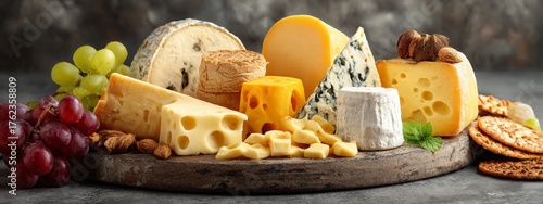 Obraz  z motywem A tempting selection of various cheeses with grapes and crackers