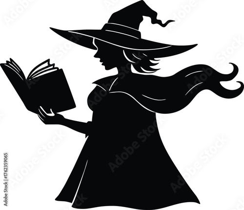 Witch Reading Spellbook Halloween Illustration | Witch Studying Magic Spells Artwork