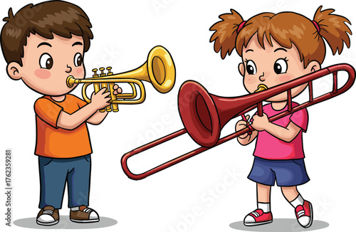 Cartoon children playing trumpet and trombone, music activity, kids performance, educational vector, musical instruments, fun learning, school illustration, art