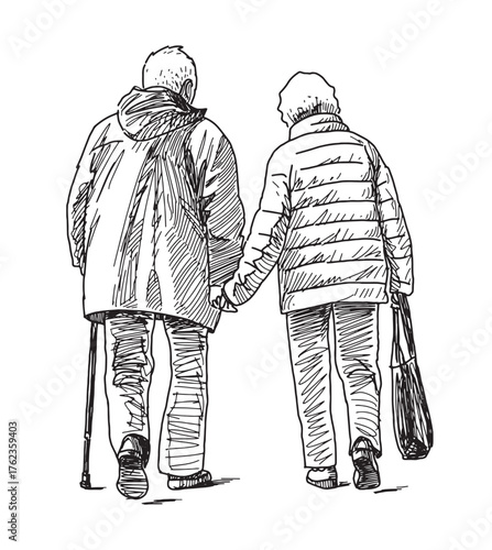 Couple old spouses, seniors, elderly people walking outdoors together, back view, vector realistic outline hand drawing