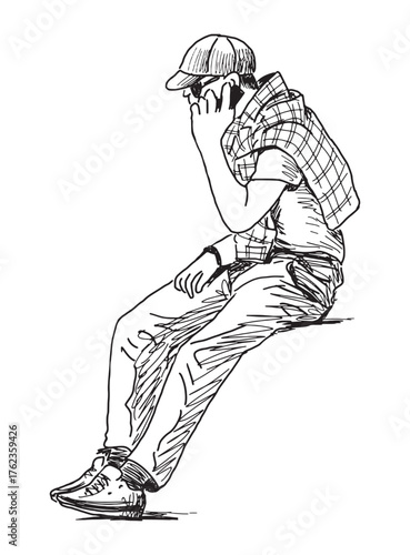 One casual modern young man in sunglasses sitting outdoors on summer day, talking smartphone, sketch, realistic hand drawn vector illustration