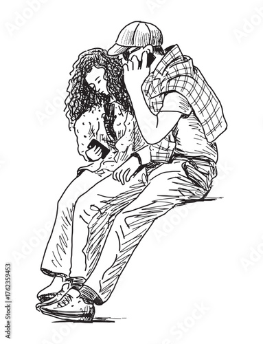 Couple casual modern young citizens sitting outdoors together on summer day, talking smartphone, sketch, realistic hand drawn vector illustration
