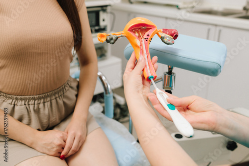 Tableau sur toile Gynecologist demonstrates intrauterine device IUD insertion using uterus model