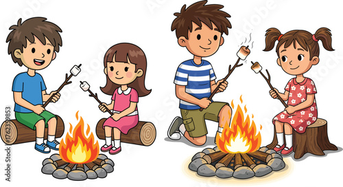 Children camping, roasting marshmallows, campfire fun, outdoor activity, summer evening, friendship moments, forest picnic, happy kids, nature adventure, cozy firelight