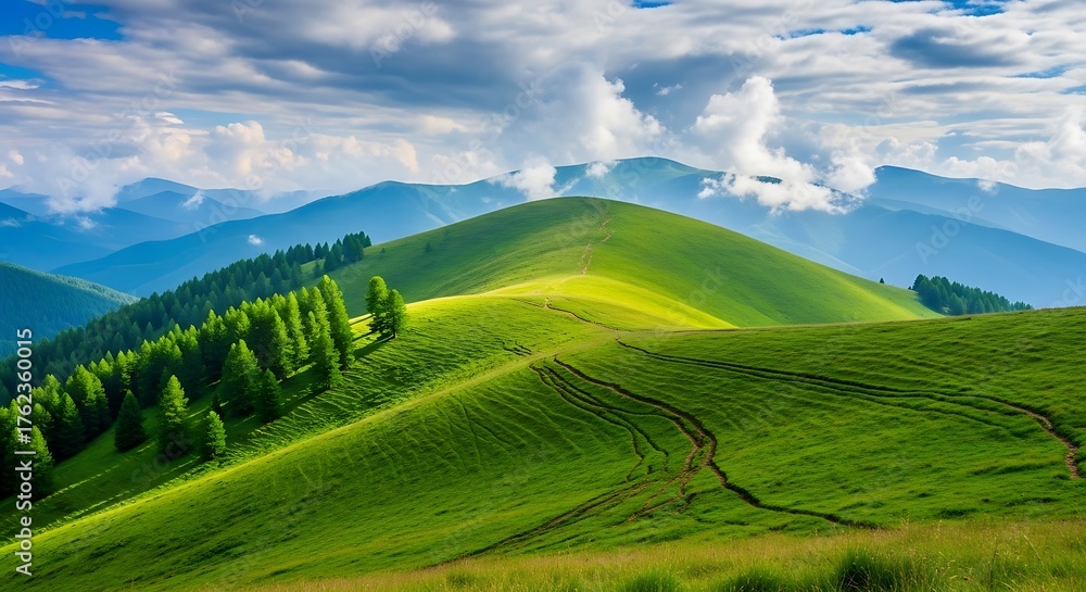 Fototapeta premium Rolling Green Hills with Winding Paths and Distant Blue Mountains Under a Cloudy Sky landscape nature