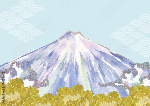 富士山, 正月, 新年, 世界遺産, 水彩, 山, 年賀状, 背景, あしらい, 和風, 和柄, 日本, 雪, 冬, 雪化粧, 雪景色, 景色, ベクター, アブストラクト, バックグラウンド, 自然, 風情, 雲, 模様, 青海波, 地紋