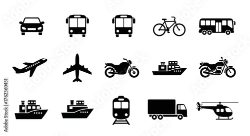 Collection of diverse transportation icons including cars, buses, airplanes, and trains