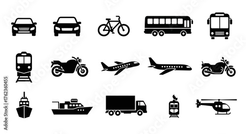 Comprehensive collection of black and white vector icons showcasing various modes of transportation for modern travel and logistics
