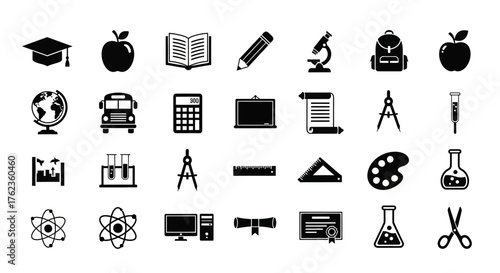 Collection of black and white school and science icons on a white background