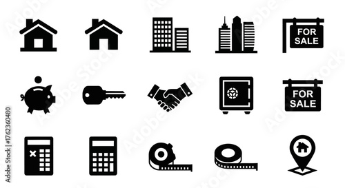 Real Estate and Finance Icon Set House, Money, Handshake, Calculator and More