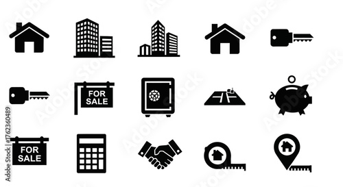 Essential Real Estate and Property Management Icon Set Featuring Housing, Finance, and Transactional Symbols