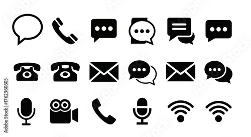 Communication Icons Set Phone, Mail, Chat, Video, Wifi, Microphone